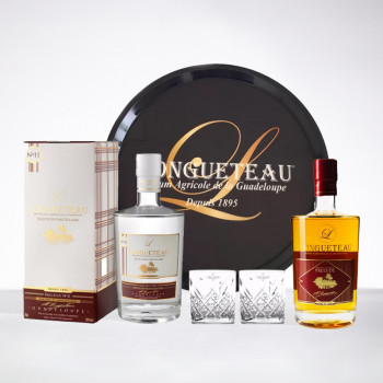 LONGUETEAU - Packung weißer Rum parcelle n°11 + Amber-Rum Prélude + Gläser und Tablett
